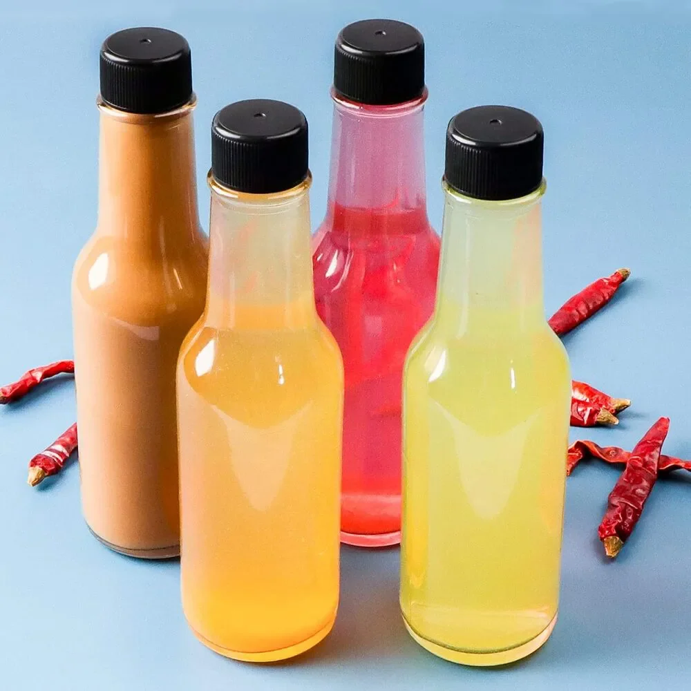 30 Pack Sauce Bottles, 5oz Clear, Black Caps, Snap On Dripper Inserts, Labels